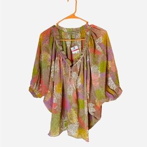 Vintage America Jeans Blouse Beige&Pastel Flowers Size XS NWT